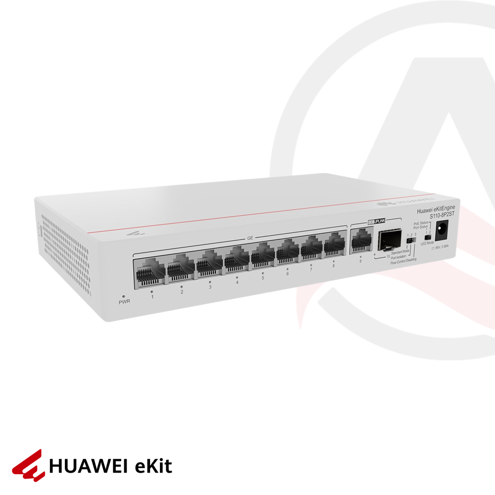 Huawei S110-8P2ST - 8 Port PoE, 1 Port SFP, 1 Port Gigabit Uplink, 10/100/1000 L2 Yönetilemez Switch, 124W