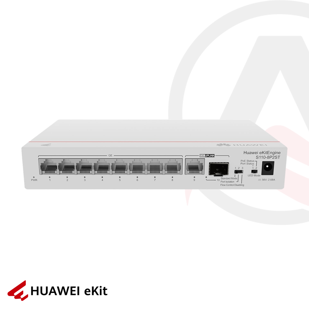 Huawei S110-8P2ST - 8 Port PoE, 1 Port SFP, 1 Port Gigabit Uplink, 10/100/1000 L2 Yönetilemez Switch, 124W