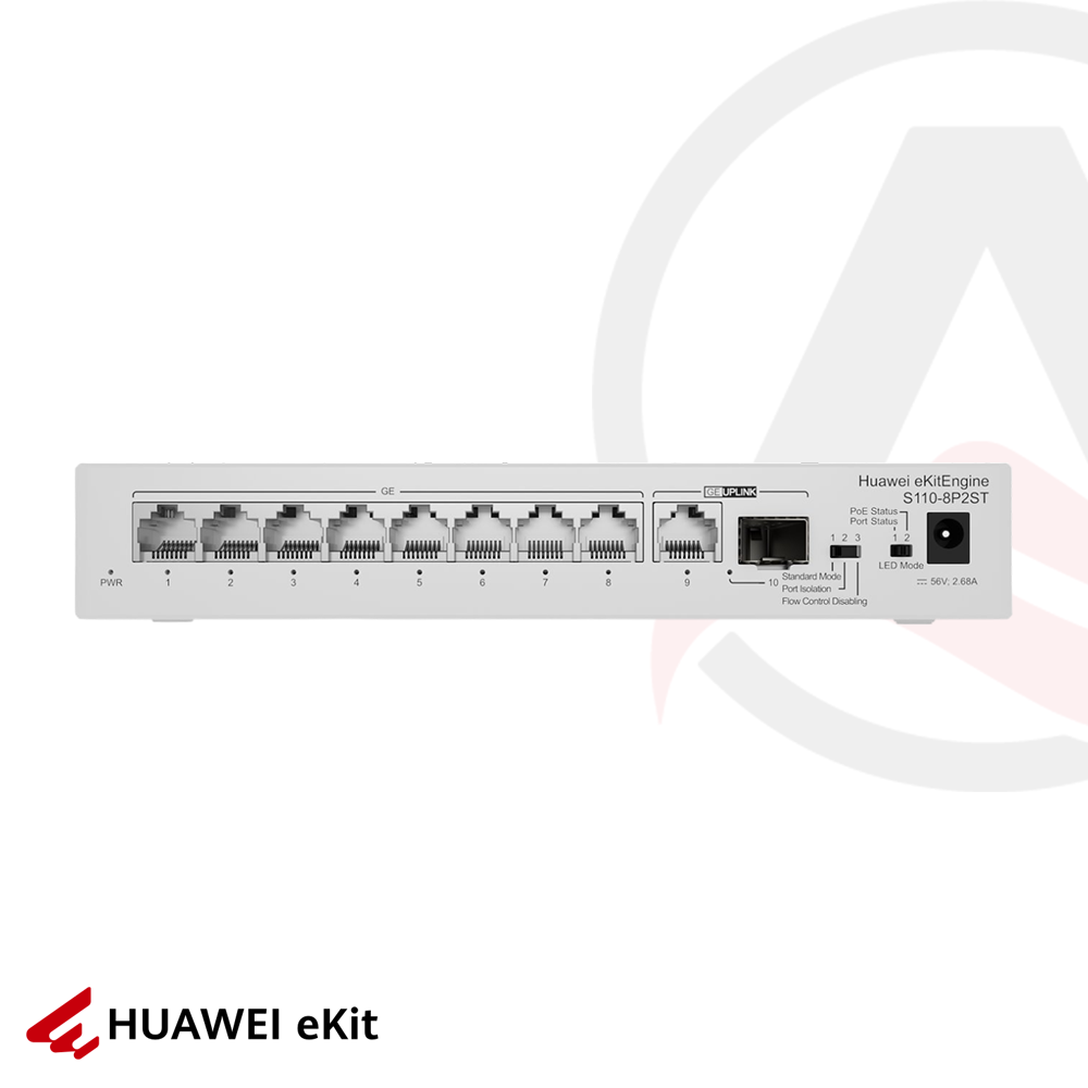 Huawei S110-8P2ST - 8 Port PoE, 1 Port SFP, 1 Port Gigabit Uplink, 10/100/1000 L2 Yönetilemez Switch, 124W