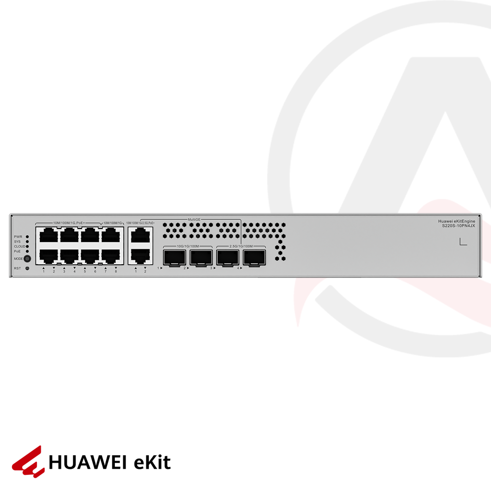 Huawei S220S-10PN4JX - 8 Port PoE, 2 Port 2.5G, 2 Port 10G SFP, 10/100/1000 L2 Yönetilebilir Switch, 128W